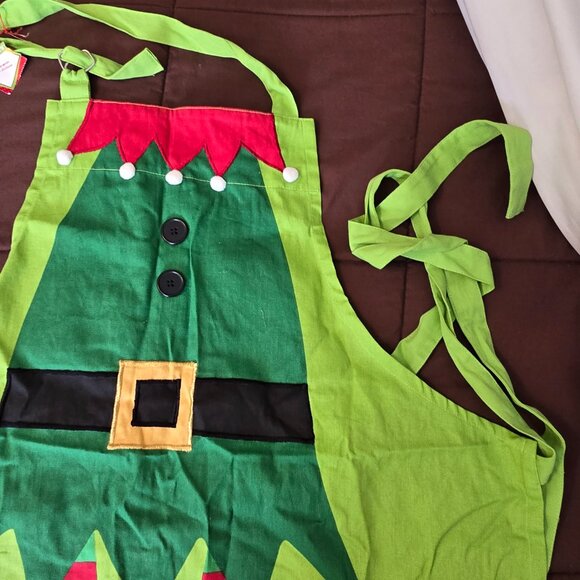 NEW NWT Pier One Holiday Christmas Green Elf Cooking Baking Apron Sparkles! Bell - Picture 8 of 11